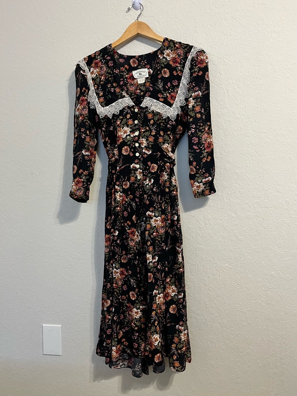 Vintage USA Jonathan Martin Floral Prairie Dress 5/6 Lace Collar Rayon Cottage